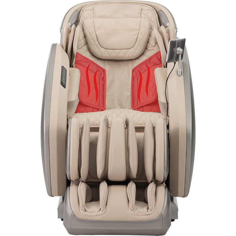 Kyota Hatsumei M900 AI Massage Chair highlighting lumbar heat feature that warms lower back muscles for relaxation and improved circulation.