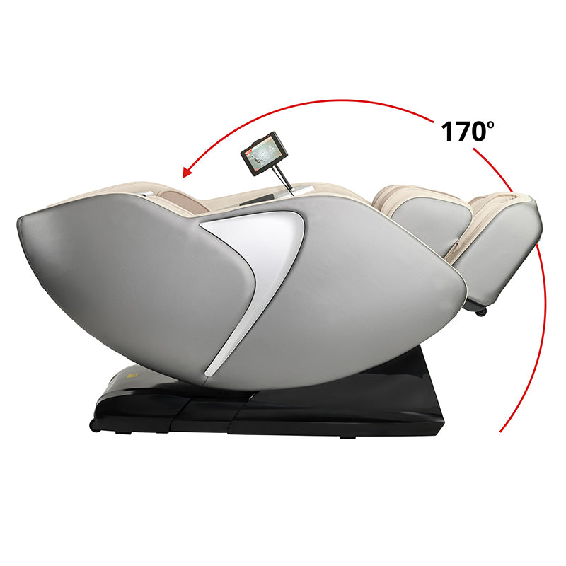 Kyota Joubu M880 4D massage chair in weightless zero-gravity recline position reducing spinal pressure and improving circulation.