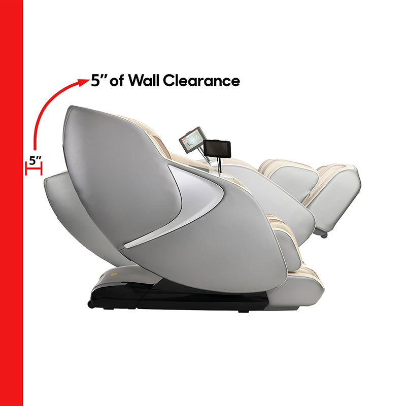 Kyota Joubu M880 4D massage chair demonstrating zero wall fit space-saving design that slides forward while reclining.