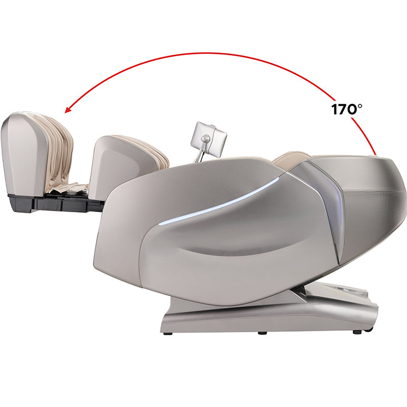Kyota Hatsumei M900 AI Massage Chair in weightless zero-gravity recline position reducing spinal pressure and enhancing circulation.