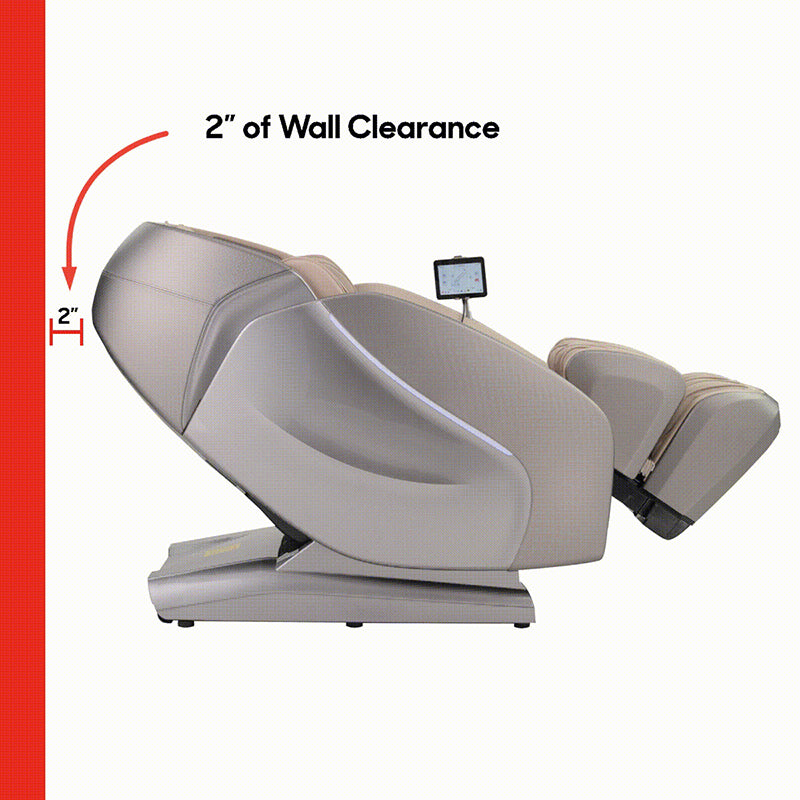 Kyota Hatsumei M900 AI Massage Chair demonstrating Zero Wall Fit Space-Saving Technology sliding forward while reclining near a wall.