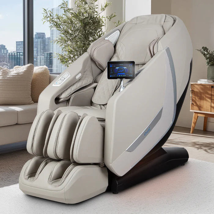 Taupe Osaki Kairos Duo massage chair placed in a living room, showing it next to a side table and soft lighting, evoking a cozy relaxation spot.