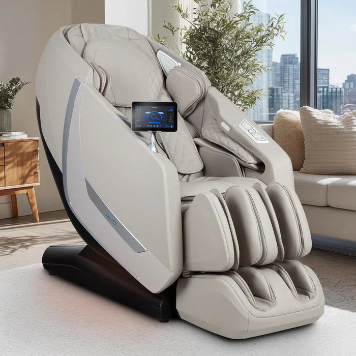 Osaki Kairos Duo 5D+4D Massage Chair in black and grey, placed in a modern living room setting with extended leg rest and ambient décor.