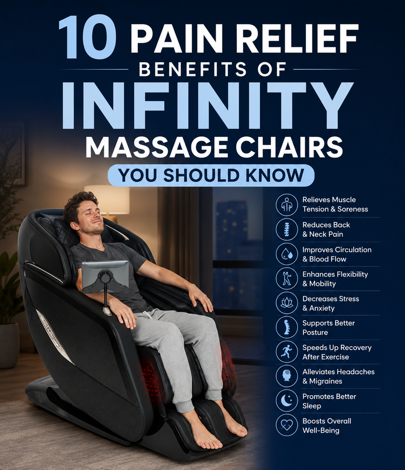 Mobile banner for "10 Pain Relief Benefits of Infinity Massage Chairs You Should Know" featuring a person enjoying an Infinity massage chair to illustrate pain relief, relaxation, and full-body massage therapy.