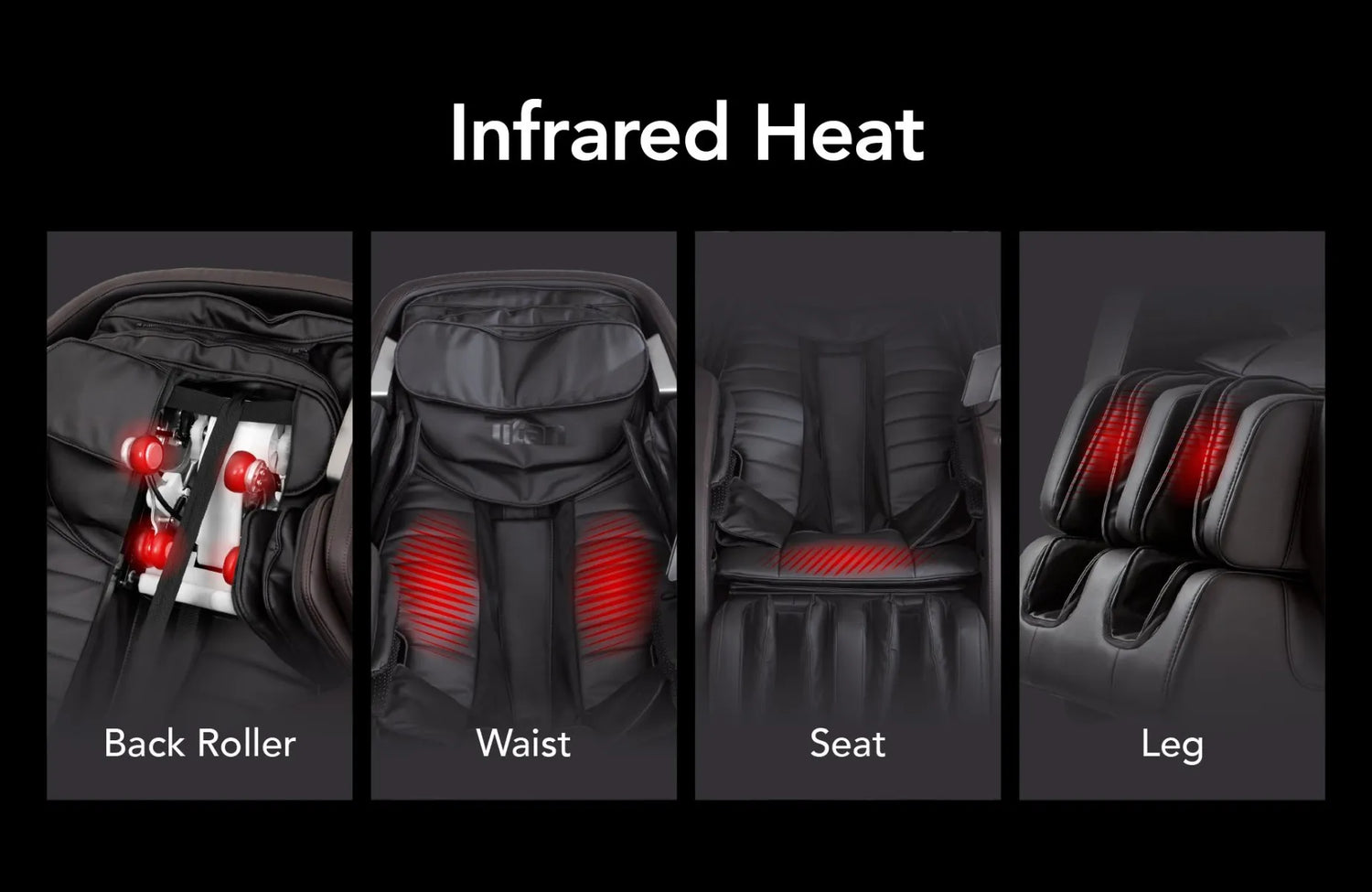 Image showcasing the infrared heat therapy feature of the Titan Jupiter Premium LE open box floor model massage chair, highlighting its ability to provide soothing heat that penetrates deep into the muscles, enhancing relaxation and promoting better blood circulation during massage sessions.