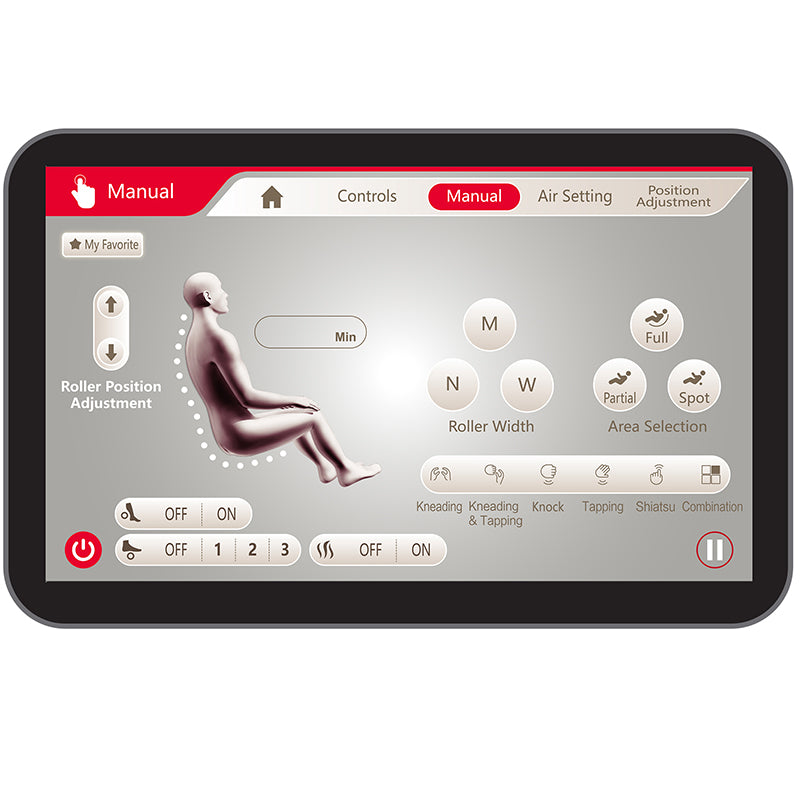 Kyota Joubu M880 4D massage chair remote showing manual control settings for adjusting speed, intensity, and massage areas.