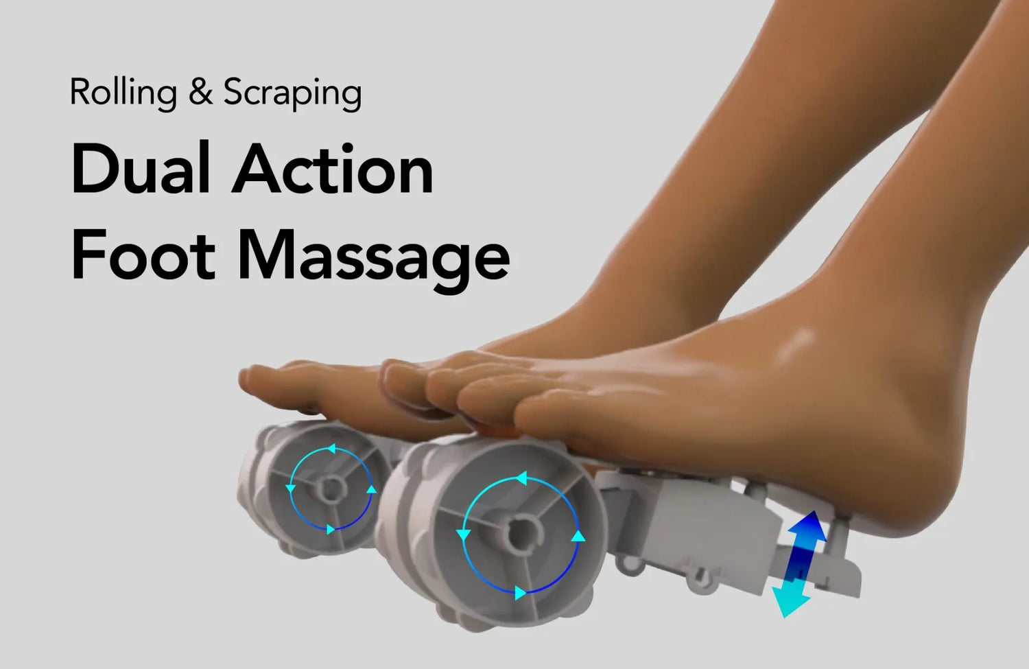 Image showcasing the dual action foot massage feature of the Titan Jupiter Premium LE open box floor model massage chair, illustrating the combination of kneading and rolling techniques that target the feet, providing a comprehensive massage experience that alleviates tension and enhances relaxation.