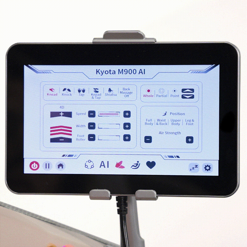 Kyota Hatsumei M900 AI remote showing manual massage control settings.