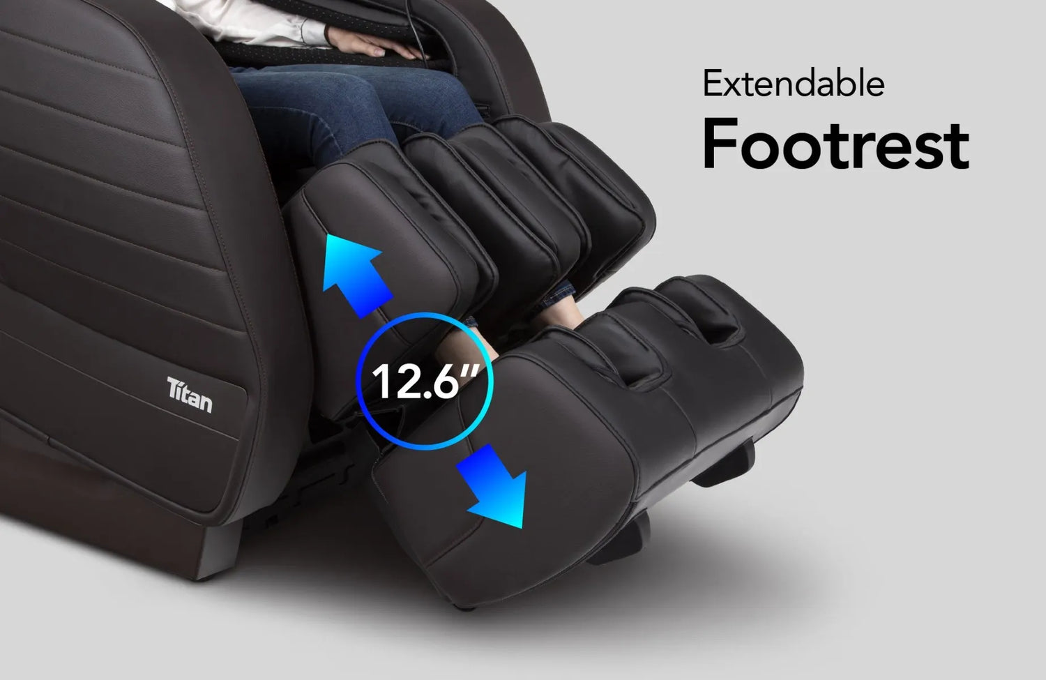 Image showcasing the extendable footrest of the Titan Jupiter Premium LE open box floor model massage chair, highlighting its adjustable design that accommodates users of various heights, ensuring optimal support and comfort for the legs during massage sessions.