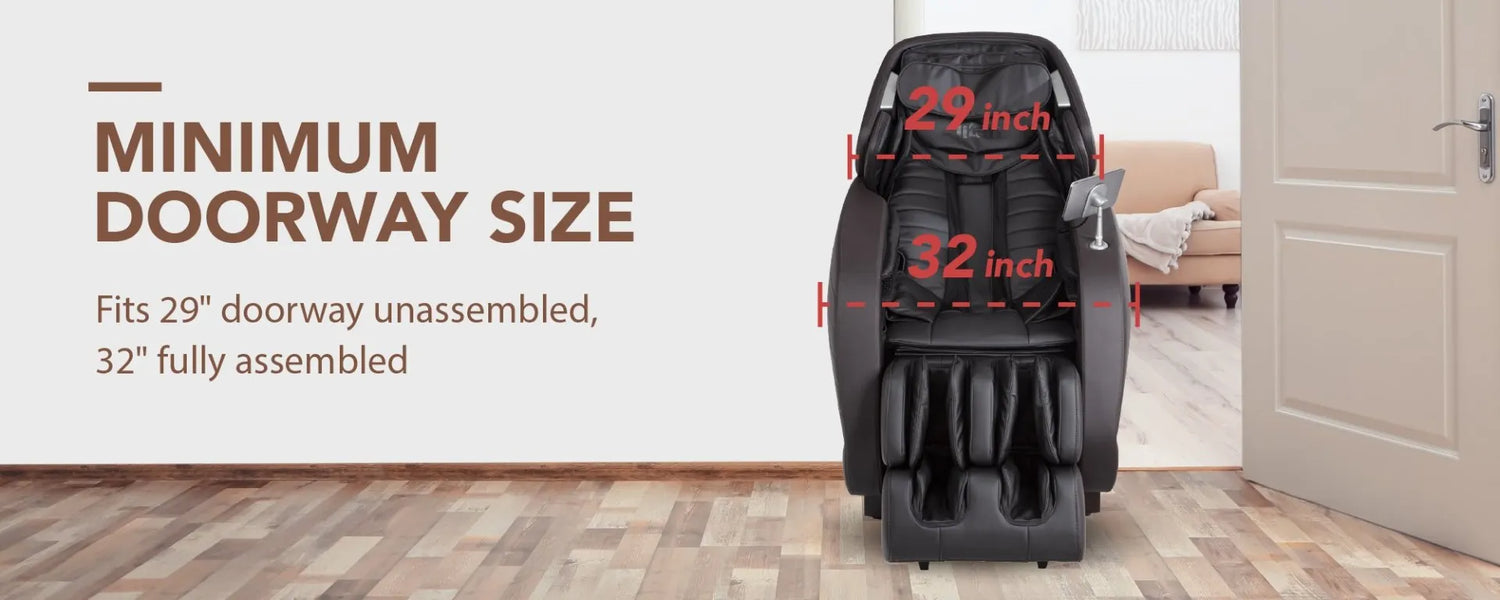 Image displaying the minimum doorway size required for the Titan Jupiter Premium LE open box floor model massage chair, emphasizing the dimensions needed to ensure easy access and maneuverability when bringing the chair into a space, making it suitable for various home environments.