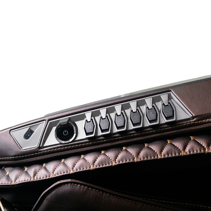 Close-up of the brown Infinity Circadian 4D DualFlex Massage Chair's quick access control panel, featuring intuitive buttons for on-demand adjustments without reaching for the main remote.