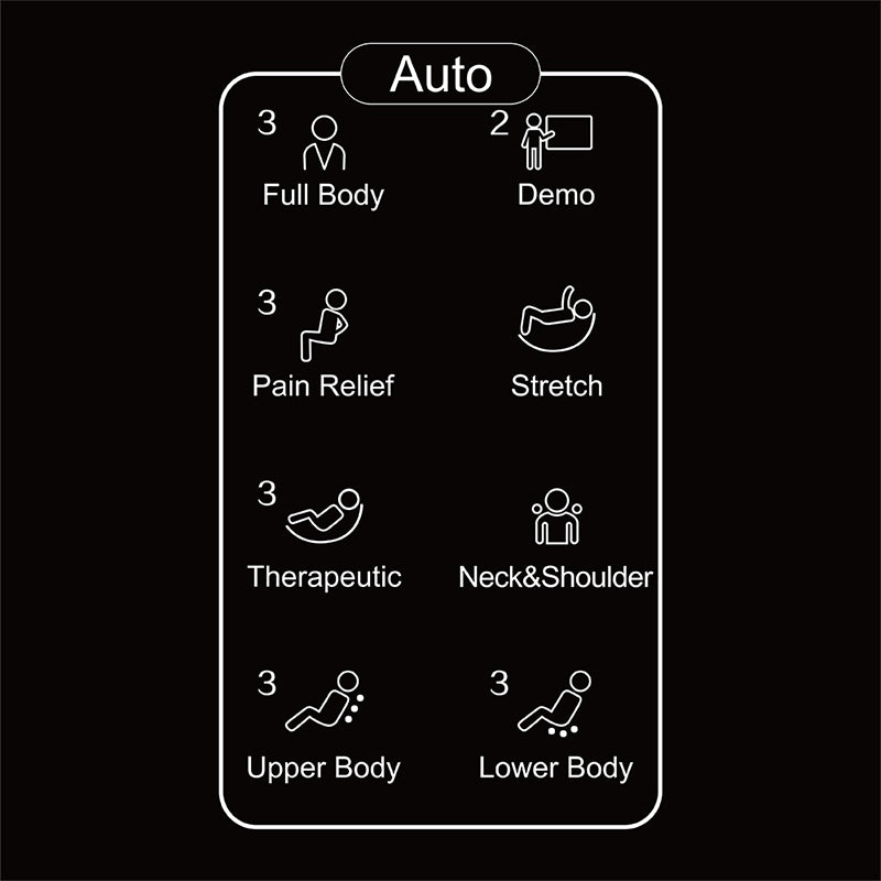 Touchscreen display of the Kyota Zenyu M338 massage chair showing the 18 auto massage program options.