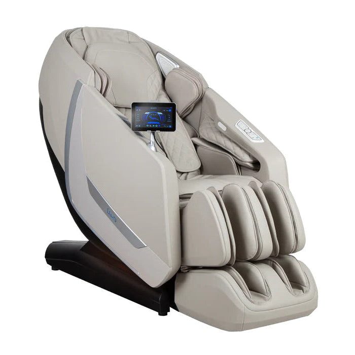 Front view of the Osaki Kairos Duo massage chair in taupe, featuring its clean lines, front-facing control pad, and neutral-toned upholstery.