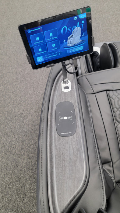 Close-up of the 7-inch touchscreen tablet on the Osaki Manhattan Duo Mech 4D Massage Chair, displaying the user-friendly interface for easy customization of massage settings and programs.