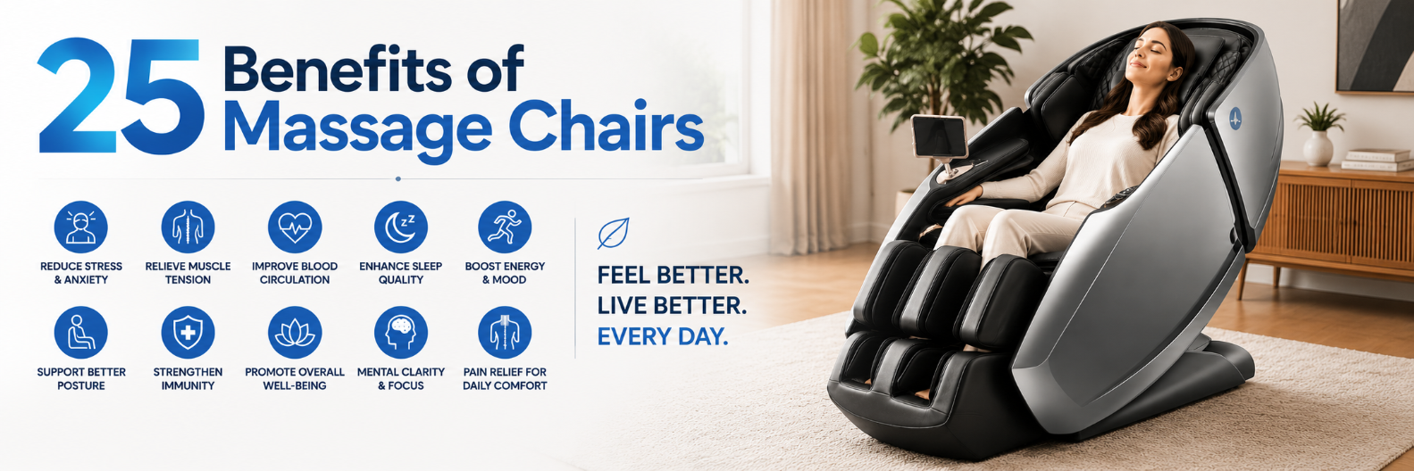 Woman relaxing in a premium massage chair with infographic highlighting 25 benefits of massage chairs, including stress relief, improved circulation, better sleep, and pain reduction.