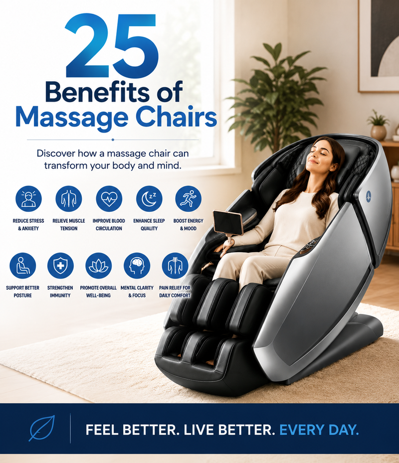 Mobile infographic featuring a woman relaxing in a luxury massage chair with icons illustrating massage chair benefits such as reduced stress, improved sleep, enhanced circulation, and pain relief.
