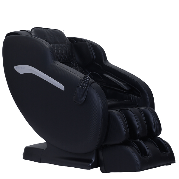 Infinity Aura Massage Chair in black, showcasing its sleek design and advanced 4D massage rollers.