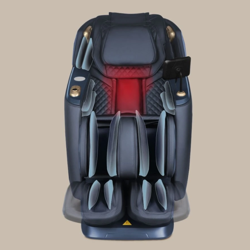 Close-up of Daiwa Rumba massage chair showing 26 total body airbags providing gentle compression for full-body relaxation.