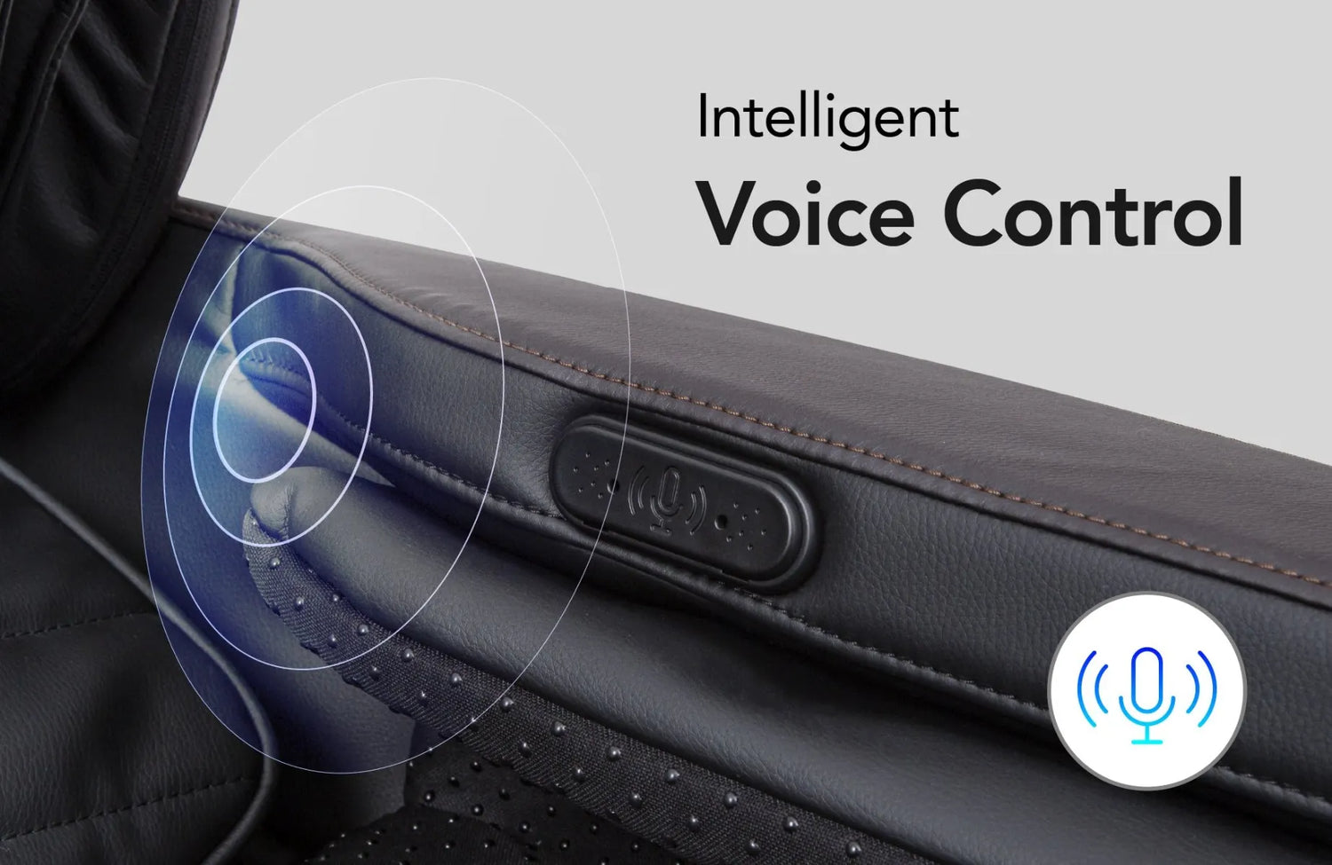 Image showcasing the voice control feature of the Titan Jupiter Premium LE open box floor model massage chair, highlighting its advanced technology that allows users to adjust massage settings and functions through simple voice commands, providing a convenient and hands-free user experience.