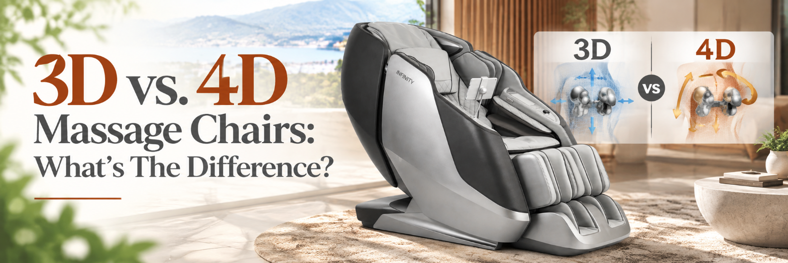 3D massage chairs offer adjustable depth for rollers to move in three dimensions—up, down, and inward—while 4D massage chairs enhance this by adding variable speed and rhythm for a more lifelike, customized experience.