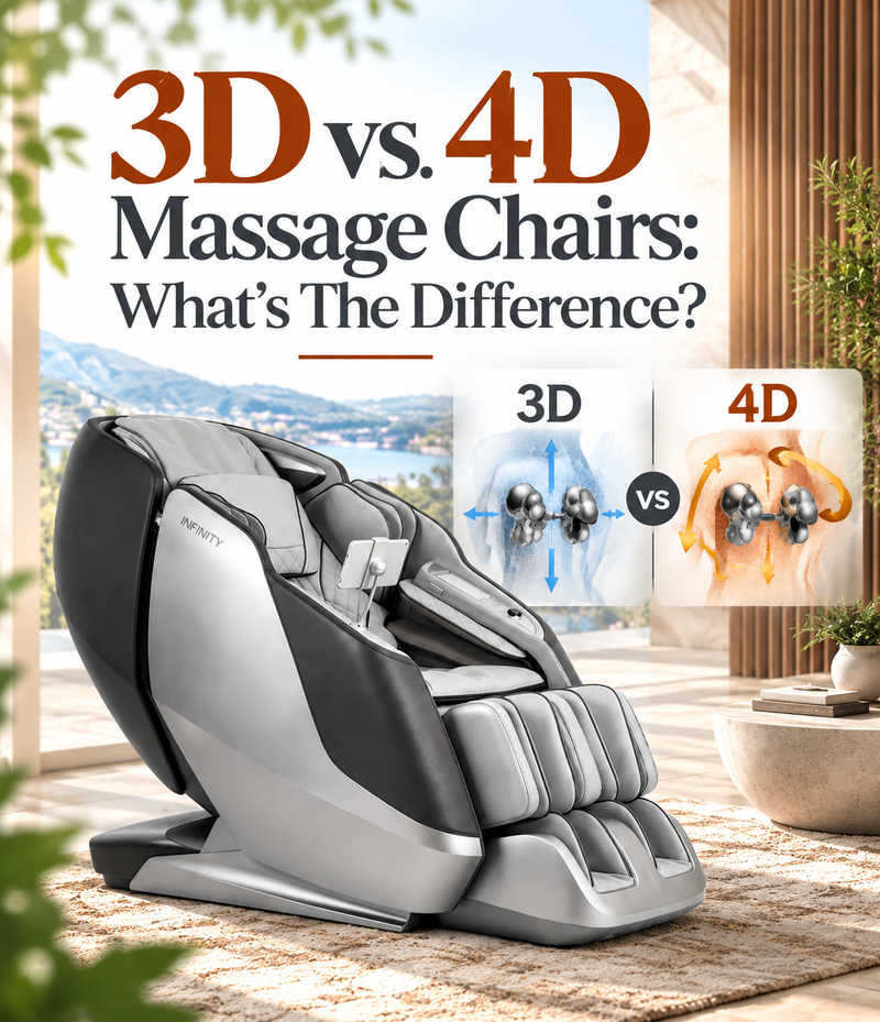3D vs. 4D massage chair differences with roller movement comparison and Infinity massage chair.