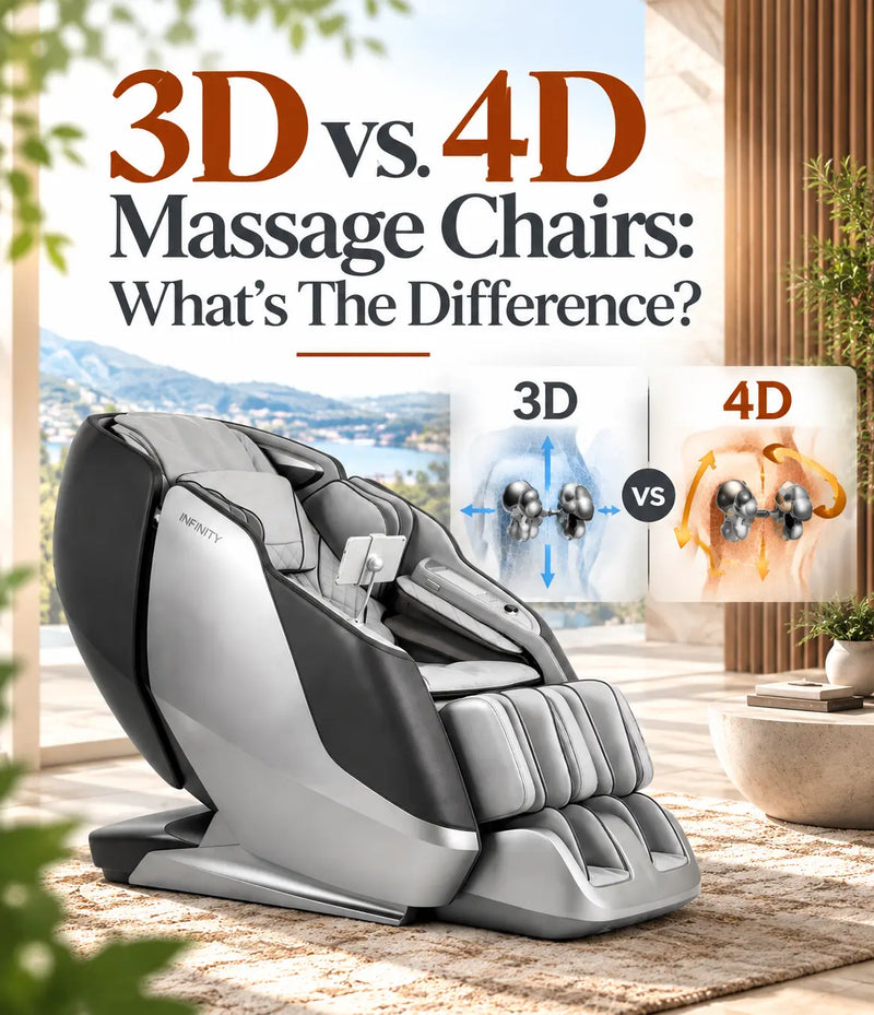 3D vs. 4D massage chair differences with roller movement comparison and Infinity massage chair.