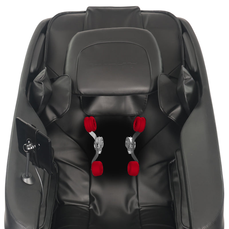 Close-up of the Kyota Zenyu M338 massage chair’s 4-node roller mechanism demonstrating spinal massage action.