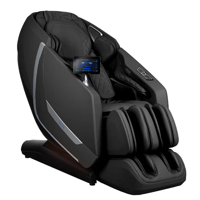 Osaki Kairos Duo 5D+4D Massage Chair in black, showing sleek upholstery with full armrests and extended leg ottoman.