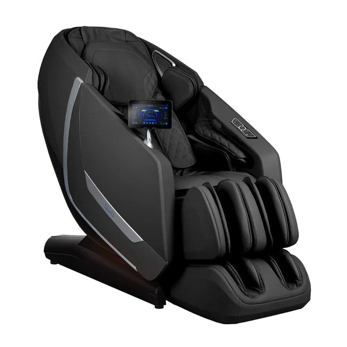 Black Osaki Kairos Duo 5D+4D massage chair in upright position, featuring sleek upholstery, padded armrests, a full-body recline structure and built-in leg and foot support.