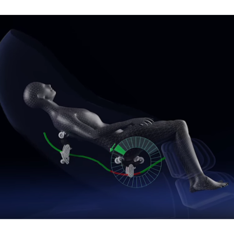 Close-up of the 49-inch Flex-Track in the Infinity Circadian 4D DualFlex Massage Chair, combining the full-body reach of an L-Track with the deep stretch capabilities of an S-Track for superior spinal decompression and a comprehensive neck-to-glutes massage.