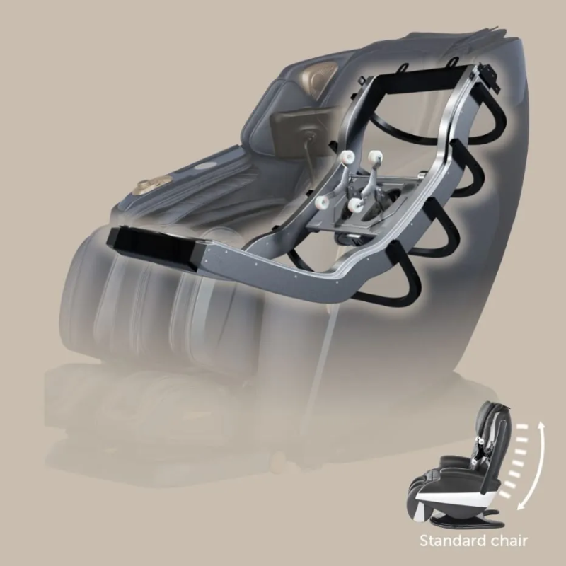 Diagram showing the Daiwa Rumba massage chair’s 49-inch SL-Track contouring along the spine from neck to hamstrings for full-body massage coverage.