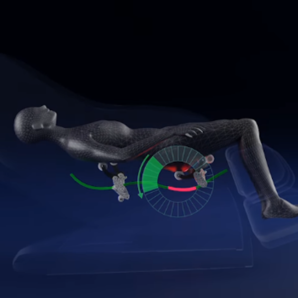 Illustration of the 49-inch Flex-Track system inside the Infinity Ultra Imperial Syner-D massage chair highlighting extended massage coverage and advanced stretching functionality.
