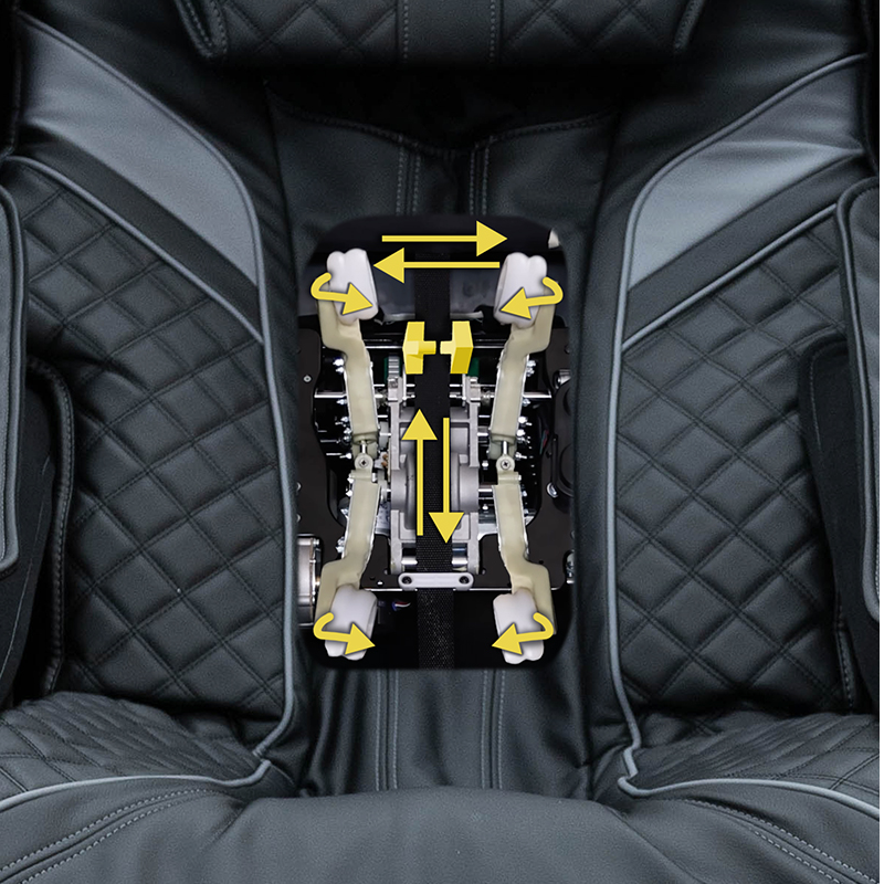 Kyota Yugana M780 4D Massage Chair showing the 4D back massage mechanism engaging rollers along the spine.