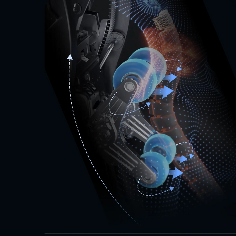 Illustration of the Trion Flex Duo’s 4D massage mechanism showing multi-directional movement with adjustable speed and rhythm to mimic human touch.