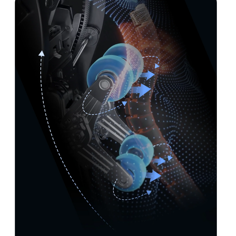 Osaki 4D Achilles massage chair with 3D rollers offering adjustable speed, intensity, and width along a full-track vertical movement.