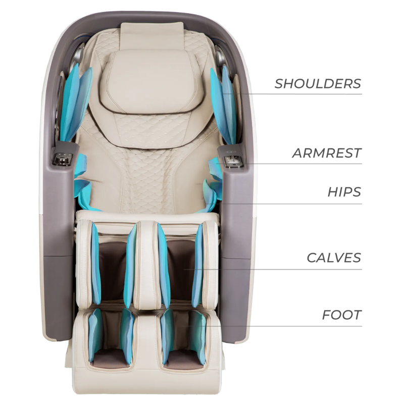 The Osaki Flagship Duo Massage Chair in taupe is equipped with 50 air cells that provide a comprehensive and adjustable massage experience, effectively targeting tension and promoting relaxation throughout your body.