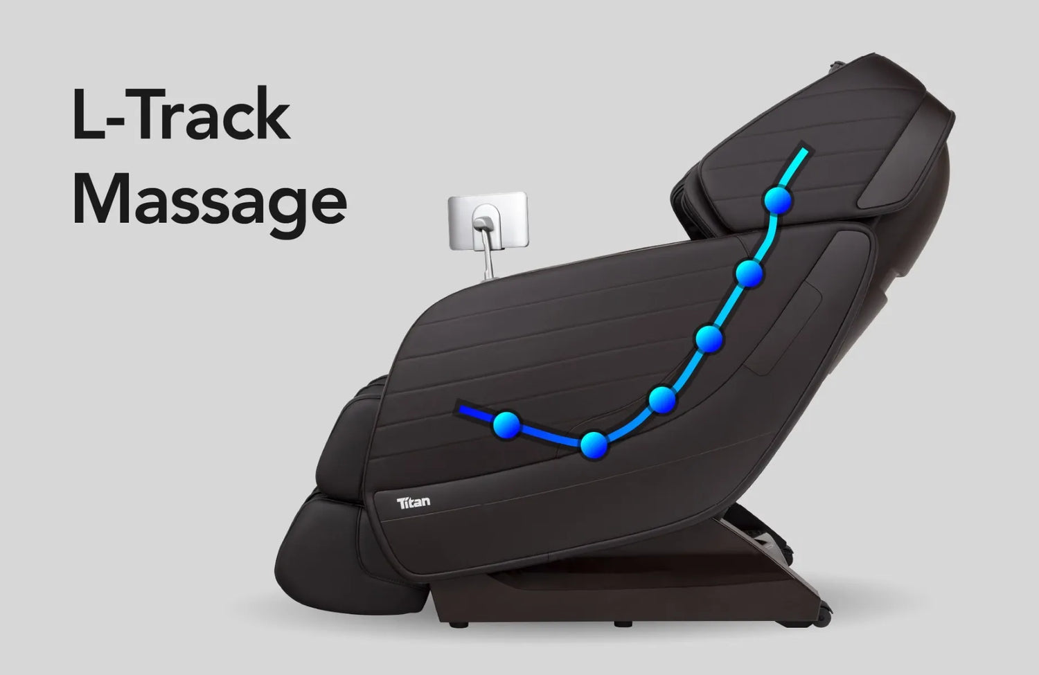 Image showcasing the L-Track feature of the Titan Jupiter Premium LE open box floor model massage chair, illustrating its extended track design that allows the massage rollers to move from the neck down to the lower back and glutes, providing comprehensive coverage for a full-body massage experience.