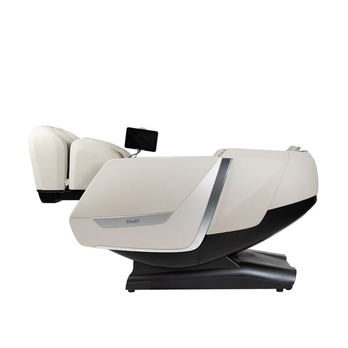 Side view of the massage chair in zero-gravity recline, showing elevated legs, tilted backrest, and ergonomic form.