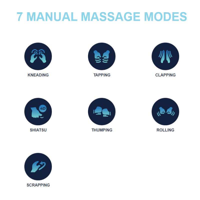 Massage chair control screen displaying manual massage options for customized therapy.