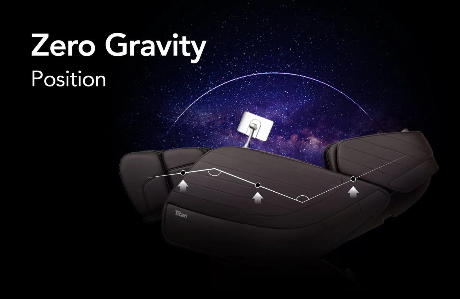 Image showcasing the zero gravity recline feature of the Titan Jupiter Premium LE open box floor model massage chair, illustrating its ability to elevate the legs and distribute weight evenly across the chair, reducing pressure on the spine and providing a sensation of weightlessness for enhanced relaxation during massage sessions.