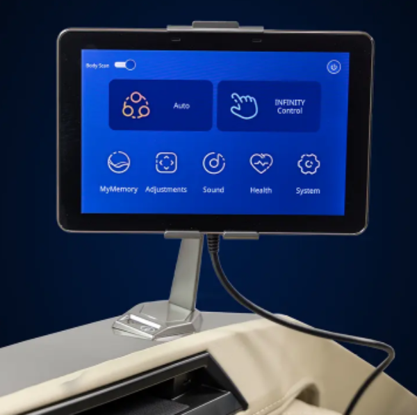 Close-up image of the 8-inch touch screen tablet remote for the Infinity Ultra Imperial Syner-D massage chair displaying customizable massage controls and advanced chair settings.