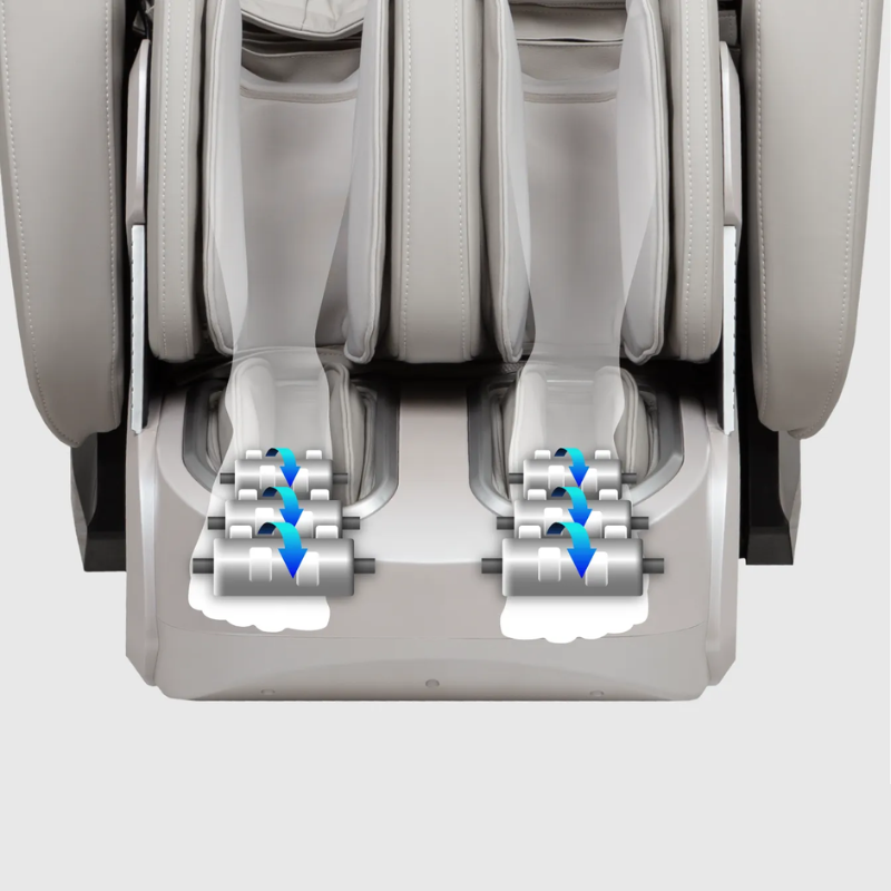 The Titan 4D Advent Massage Chair is equipped with three specialized foot rollers located at the footrest, designed to target key areas of the feet—such as the balls, arches, and heels. 