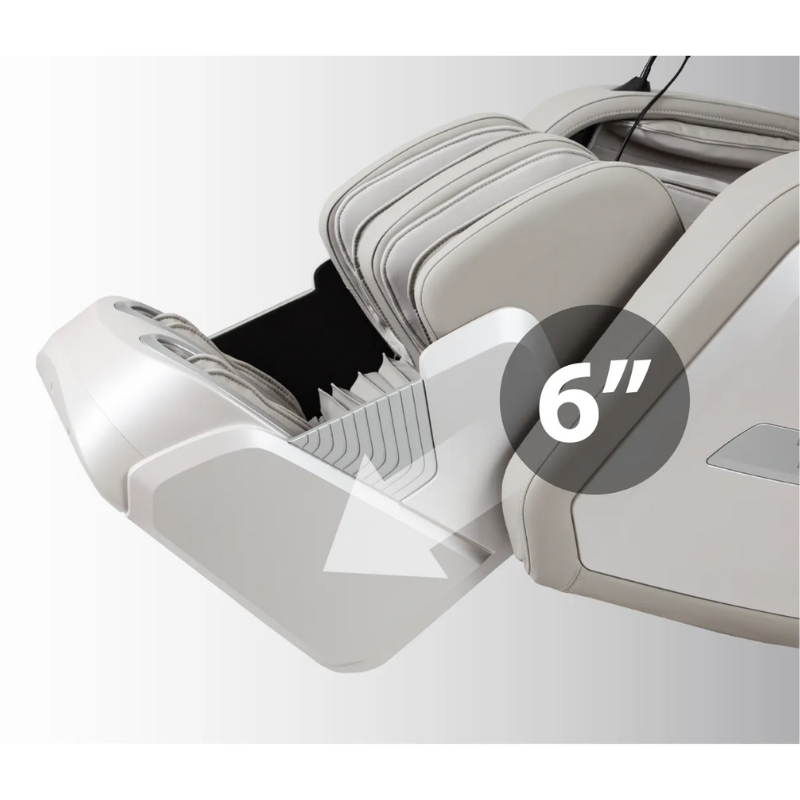 The Titan 4D Advent Massage Chair features an automatic extendable footrest that adjusts seamlessly to your height, ensuring optimal leg support and comfort. It extends and retracts to accommodate various leg lengths, enhancing the overall massage experience. 