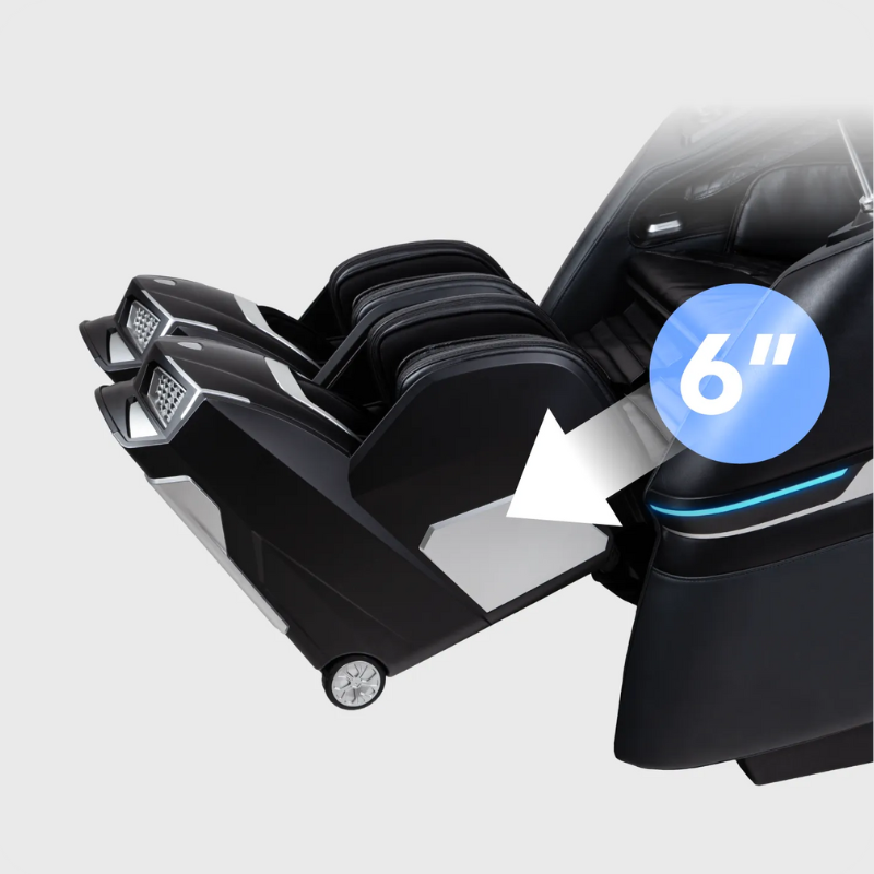 Black Osaki Trion massage chair with a focus on the reclining mechanism and a blue circle indicating a 6-inch measurement.