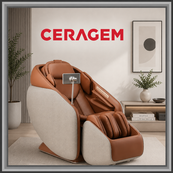 Ceragem massage chair showcased in a modern minimalist interior with neutral furnishings, gray border frame, and Ceragem logo.