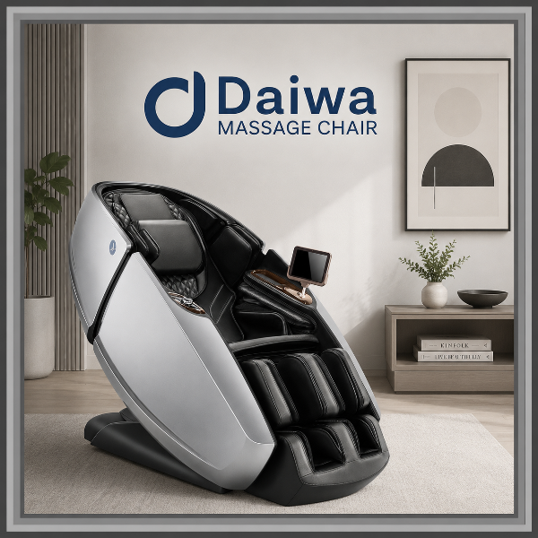 Daiwa massage chair showcased in a minimalist interior with modern décor, gray border frame, and Daiwa Massage Chair logo.