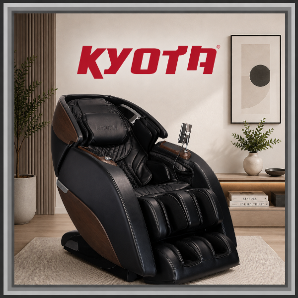 Kyota Nokori M980 Syner-D massage chair displayed in a modern living room with the Kyota logo above.