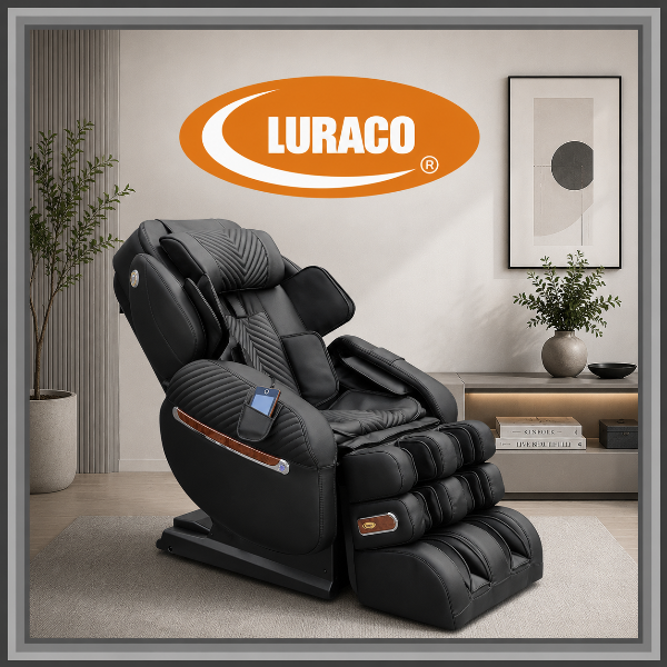 Luraco massage chair in a stylish minimalist room featuring neutral décor, decorative gray border, and Luraco logo.