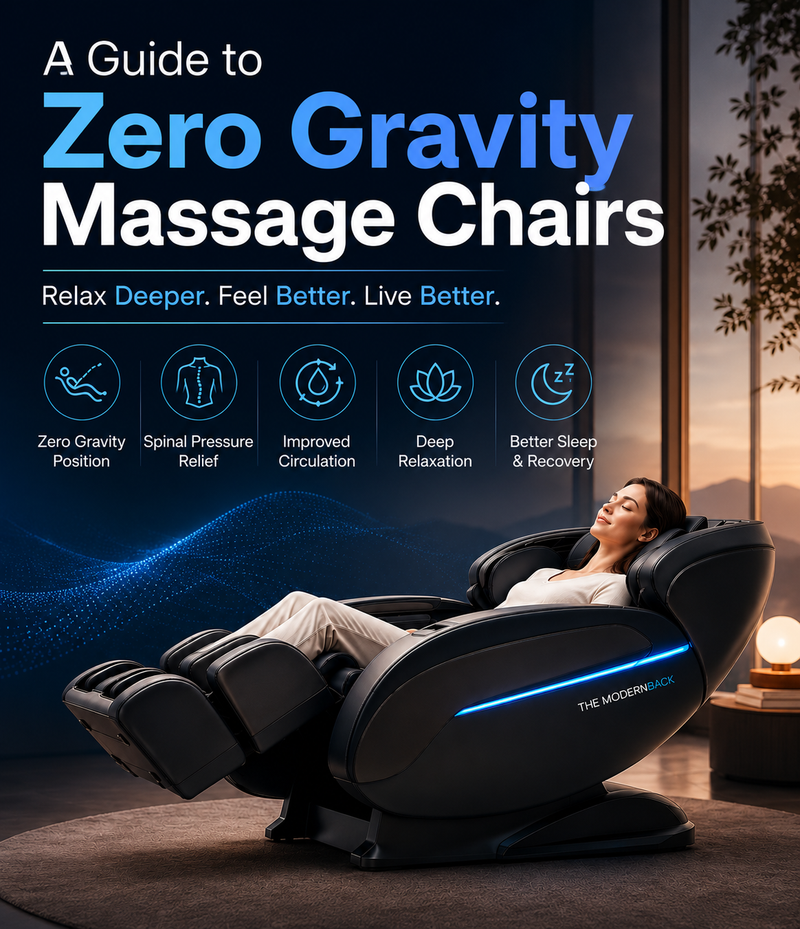 Woman relaxing in a zero gravity massage chair illustrating the health and wellness benefits of zero gravity positioning.