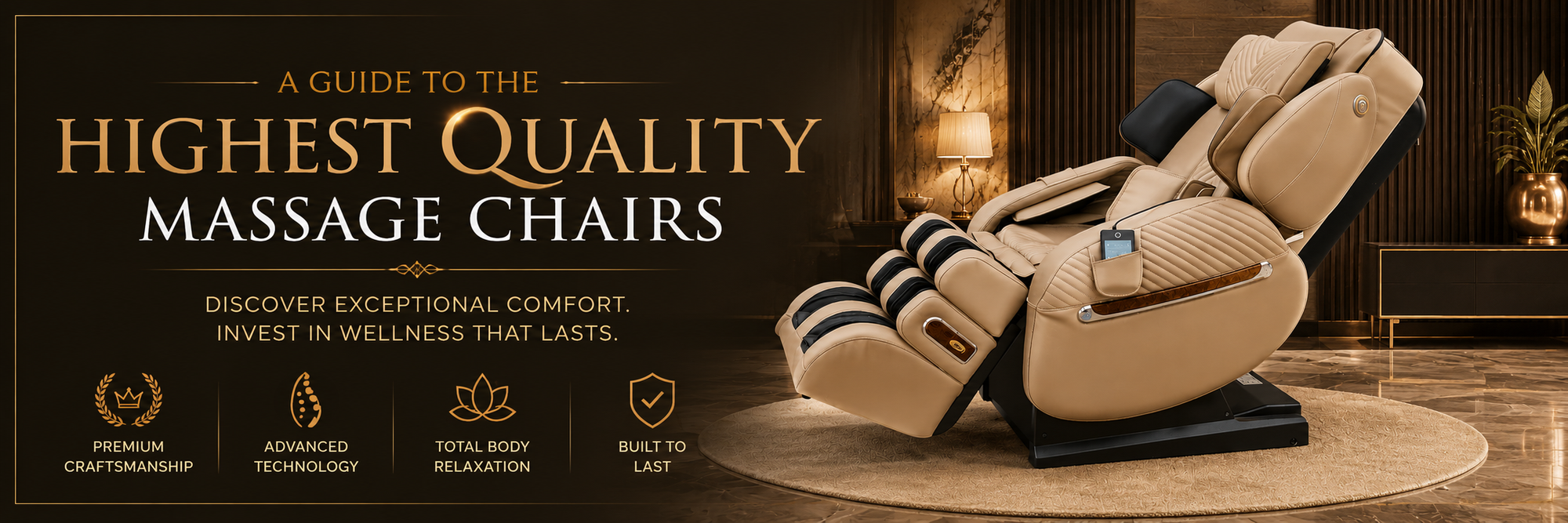 A beige and black massage chair shown in a luxurious indoor room setting, with promotional text on the left reading 'A Guide to the Highest Quality Massage Chairs' and feature icons below.